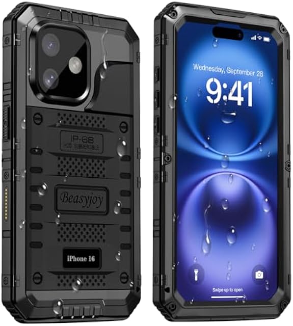 Beasyjoy for iPhone 16 Case Waterproof, Metal Heavy Duty Full Body Protective Case with Built-in Screen Protector, Military Grade Shockproof Dustproof Defender Rugged Cover for iPhone 16 6.1" Black