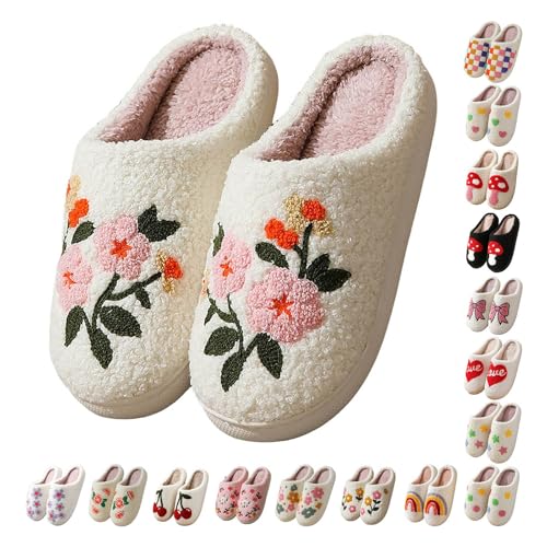 Slippers For Women Fuzzy, Women's House Slipper Cute Retro Embroidery Plush Memory Foam Slippers Warm Bedroom Couple Shoes Comfortable