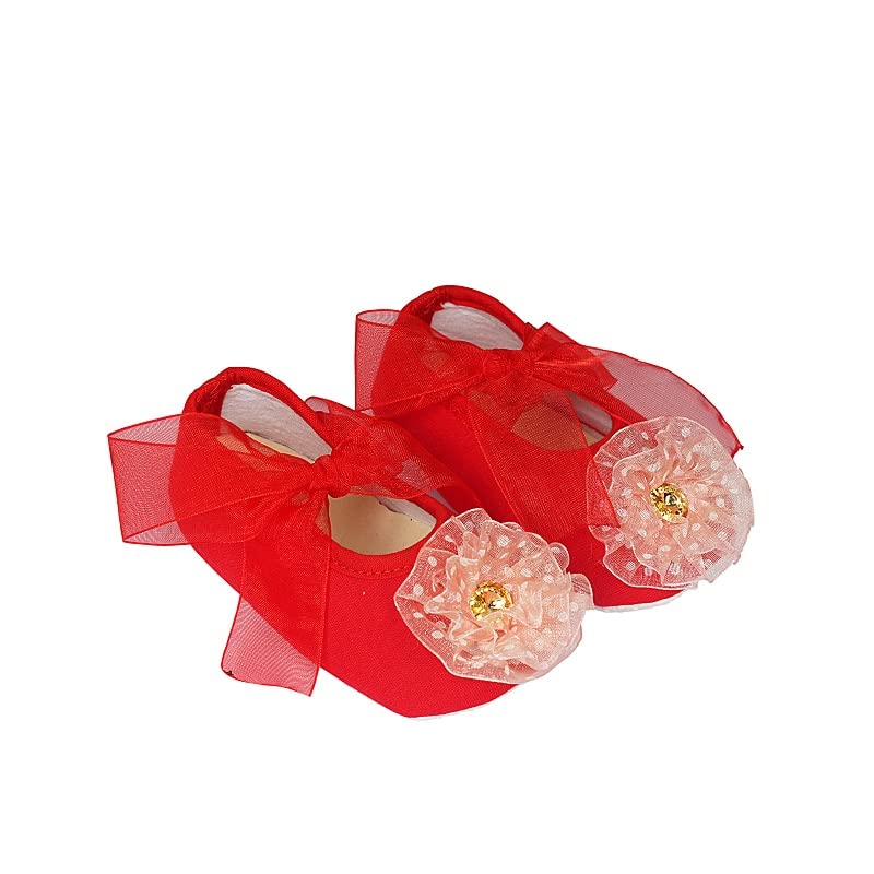 Infant New Baby Toddlers Boys and Girls Cotton Red Sandal Ribbon Booties With Pink Flower Patch [RSM_26]-image-18