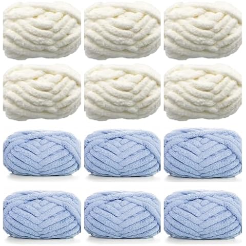 Chunky Chenille Yarn 12 Pack 96oz for Blanket, White 6 Pack + Grey 6 Pack Super Soft Thick Fluffy Jumbo Giant Washable Polyester Big Yarn for Hand Knitting Cover