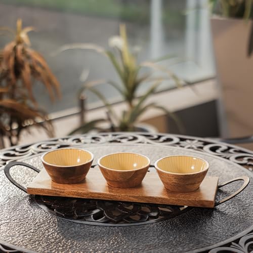 Image of Tripple Treat Snack Bowl Set with Enamel Finish & Stand | Handcrafted Wooden Serving Bowls for Snacks, Dry Fruits & Condiments | Set of 3