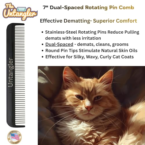 Image of Cat Comb with silky smooth rotating teeth- clears mats gently and easily (5 inch has ultra fine spaced teeth; 7 inch dual-spaced teeth) (Onyx Black, 7 inch)