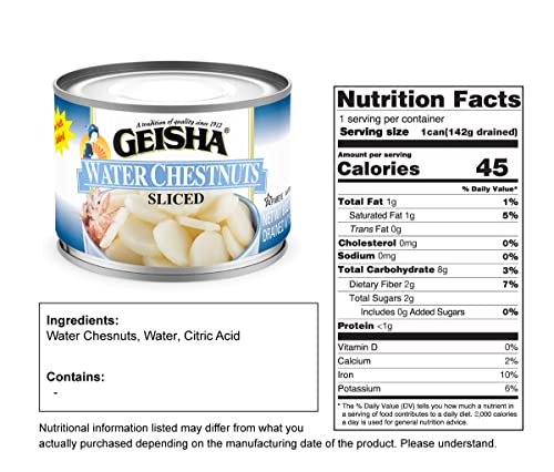 Image of GEISHA Water Chestnuts Sliced 8OZ. (Pack of 12), Water Chestnuts | Kosher Certified － No Salt & Sugar added － Gluten Free－Less than 100 Calories per Container