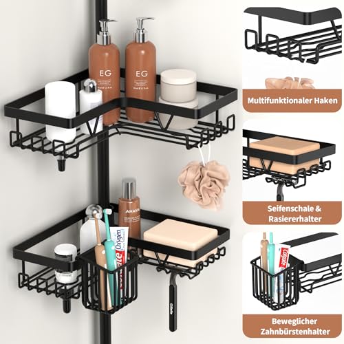 YIGII Teleskop Duschregal – Teleskopstange Dusche aus Edelstahl, Schwarzes 4-stöckiges Eckregal Ohne Bohren mit Zahnbürstenhalter, verstellbar 63.5–290 cm