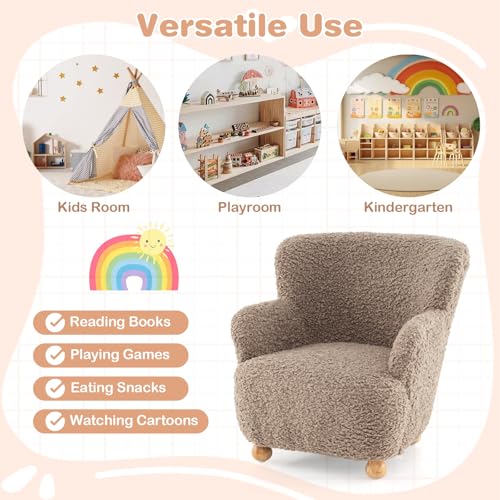 Image of KOTEK Comfy Toddler Chair, Sherpa Kids Armchair with Rubber Wood Legs, Children Reading Chair for Boys & Girls, Upholstered Kids Sofa for Playroom Bedroom Nursery (Brown)