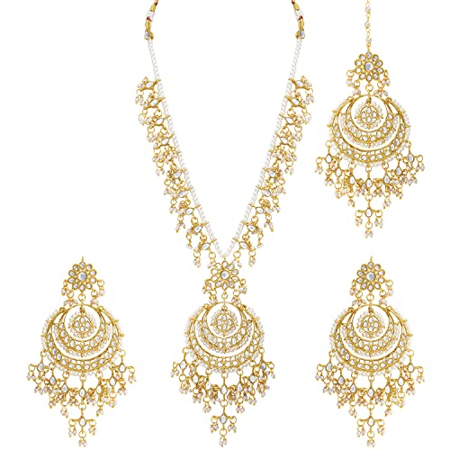 Image of Aheli Elegant Indian Faux Kundan Studded Choker Necklace with Maang Tikka Set Ethnic Wedding Wear Bharatanatyam jewellery set Gift for Women