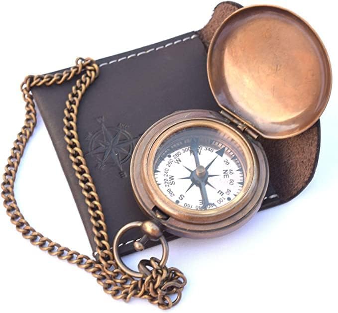 Brújula de bolsillo de latón hecha a mano con tapa de apertura y cadena, con estuche de cuero miniatura 3