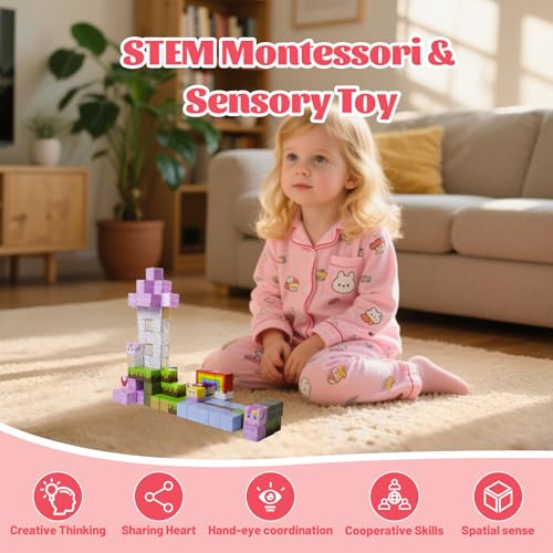 Magnetic Blocks - 100 PCS Magnet Block Stacking Sensory STEM Outdoor Game for 3+ Years Old Boys&Girls Children Birthday Easter Gift, 3D Tiles Construction Weekends Toy Set, Castles and Rainbow