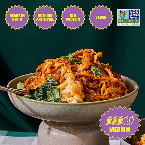 Image of FLYBYJING Sweet & Spicy Noodles - Sun-Dried Asian Instant Noodles with Sichuan Sweet & Spicy Zhong Sauce - Ready in 6 Minutes - Premium Non-Fried Vegan Noodle, 12g Protein, Non-GMO (Pack of 6)