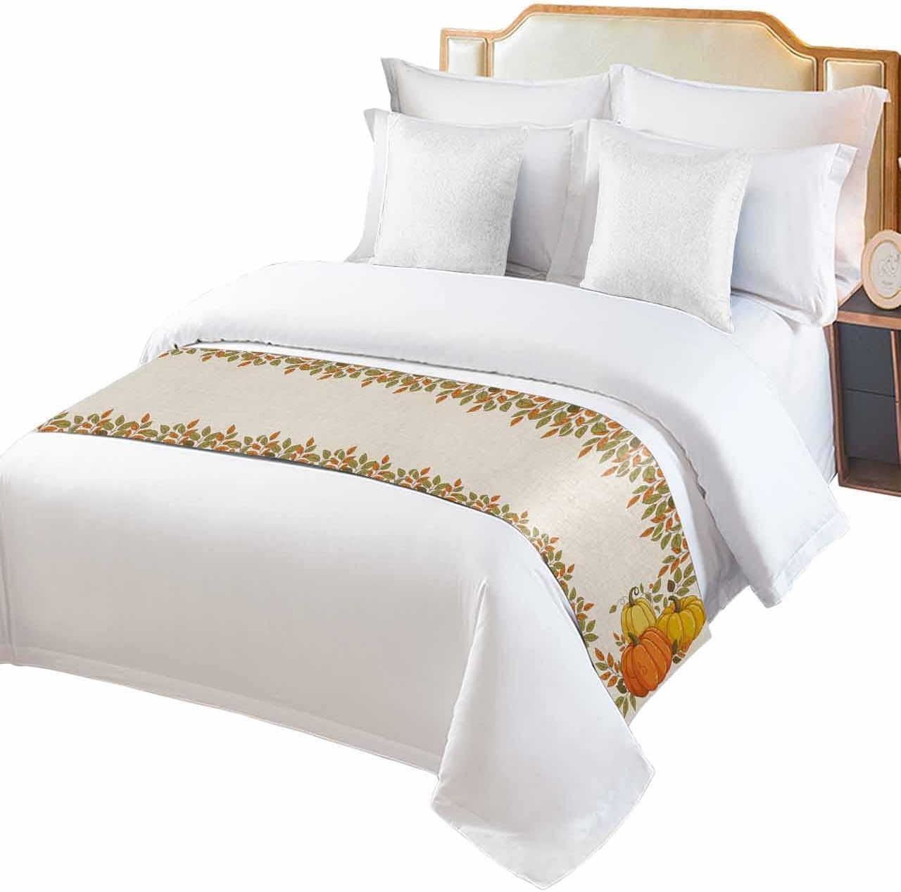 Orange Pumpkins Bed Runner Scarf Full Queen Size, Fall Yellow Leaves Vintage Beige Rustic Luxury Bed Throw Runners & Scarves for Twin Full Queen King Foot of Bed, Bedroom Hotel Decoration, 83"x20"