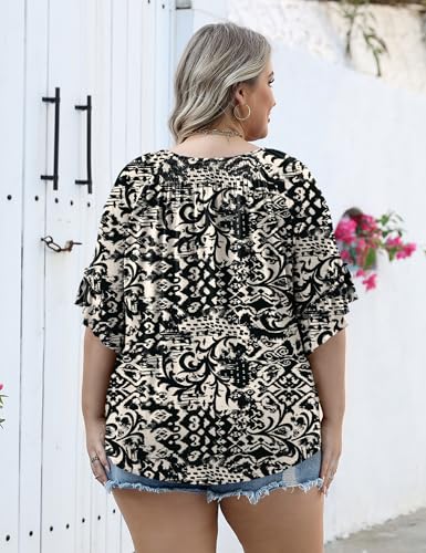 Image of Micoson Womens Plus Size Tops 3 /4 Ruffle Sleeve Crewneck Pleated Shirts