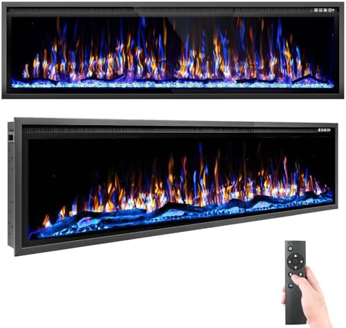 72 Inch Electric Fireplace Aluminum Frame-Ultra Silm Fireplace Recessed/Wall Mount, Log, Driftwood & Crystal Option, Wall Fireplace Electric w/Remote Control, Thermostat, Timer, 750w/1500w - Thumbnail 2