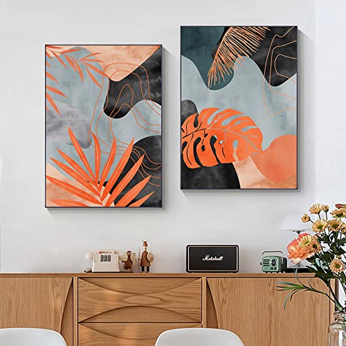 Plantes abstraites orange sur toile pour habiller un grand mur blanc vide