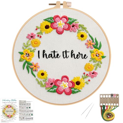 Image of Nuberlic Floral Embroidery Kit for Beginners Cross Stitch Kits- Complete Starter Set with Hoop, Pre-Printed Fabric, Threads & Needles