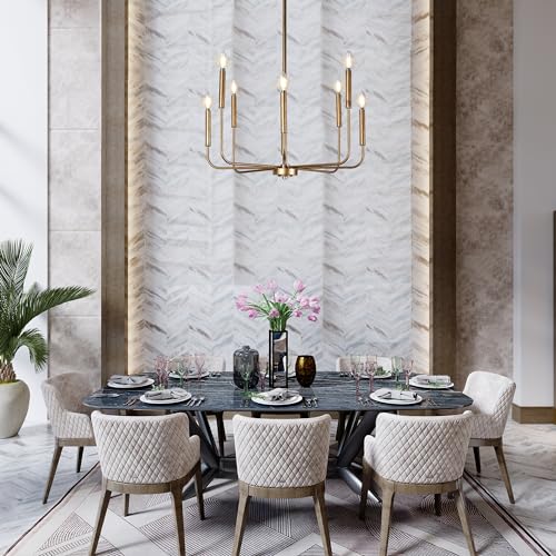 Laluz GOLD CHANDELIER 8-Light Modern Farmhouse Dining Room Chandelier Over Table, 27'' Aged Brass Chandeliers Hanging Light Fixture thumb #1