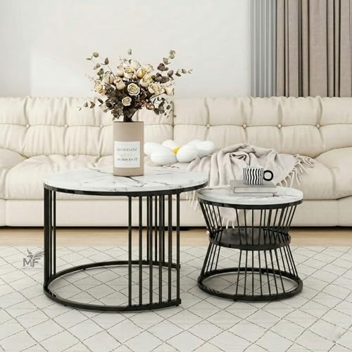 Image of MELVON Lightweight Nesting Coffee Table Set of 2, Black Frame with White Marble Look Top, Round Center & Side Table for Home