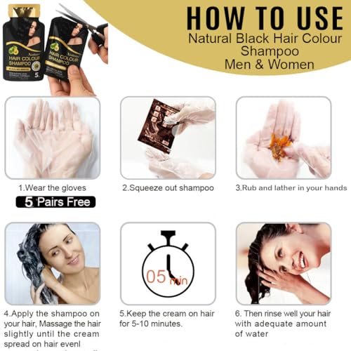 Image of Adbeni Natural Black Hair Color Shampoo with Conditioner for Men & Women | 5 Minute Grey Coverage | Ammonia Free, No Harsh PPD | Herbal Hair Dye Shampoo | 25ml x 5 Sachets