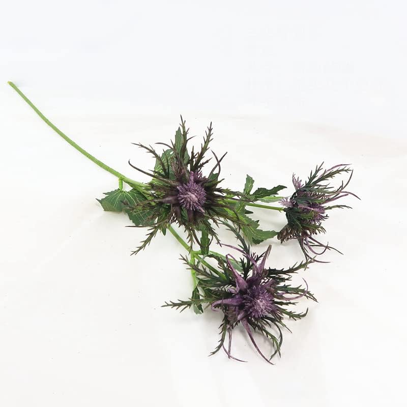 One Stem with 3-Fork Artificial Eryngiums Plants, Artificial Blue Thistle Flower Bouquet Fake Eryngium Foetidum Simulation Sea Holly 3 Heads Artificial Flowers Bouquet for Decoration