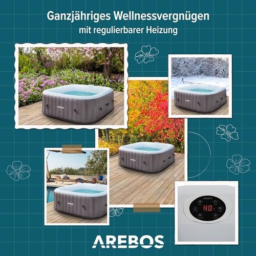 Bild 5 - Arebos Spa Whirlpool 2400W | In-Outdoor Pool | für 6 Personen 185x185cm | 130 Massagedüsen | 910 L mit Heizung | Aufblasfunktion per Knopfdruck | Inkl. Abdeckung | Bubble Spa & Wellness Massage