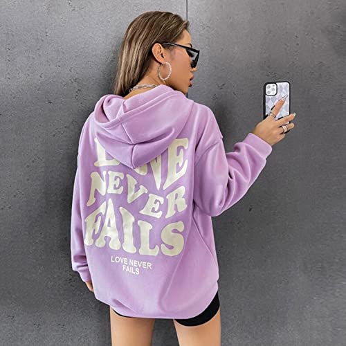 Women Hooded Neck Sweatshirts Love Never Fails Printing Hoodie Tops Solid Color Drawstring Pullover #TOP4