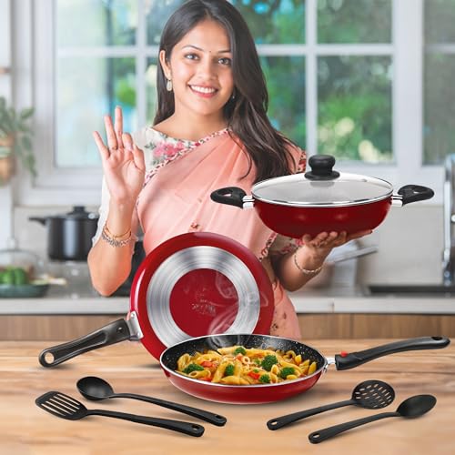 Image of Milton Pro Cook Kitchen Pride Plus Granito I Set of 7 Non Stick Cookware | Non Induction I Cooking Pan, Kadhai with Lid, Tawa, Nylon Laddle & Spatula I Maroon Metallic