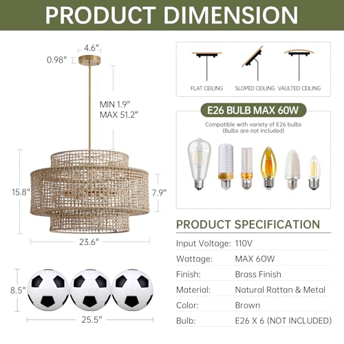 Image of 24 inch Rattan Chandelier for Dining Room, Large Boho 6-Light Rustic Chandeliers Light Fixture with Wicker Shade, Hand Woven Farmhouse Pendant Lighting for Kitchen Bedroom, Living Room, Foyer