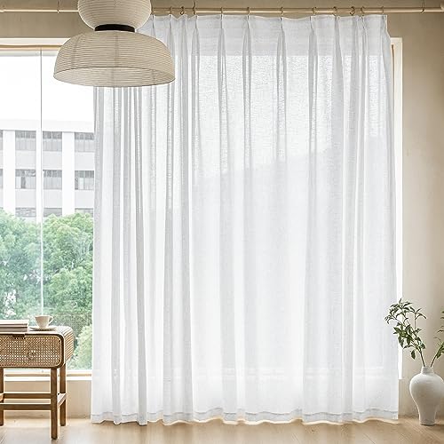 MAIHER White Extra Wide Pinch Pleated Curtains Semi Sheer 84 Inches Long, 84" W x 84" L, Light Filtering Faux Linen Pleated Drapes with Hooks for Bedroom Living Room, 1 Panel by MAIHER - Used condition - US$40.11