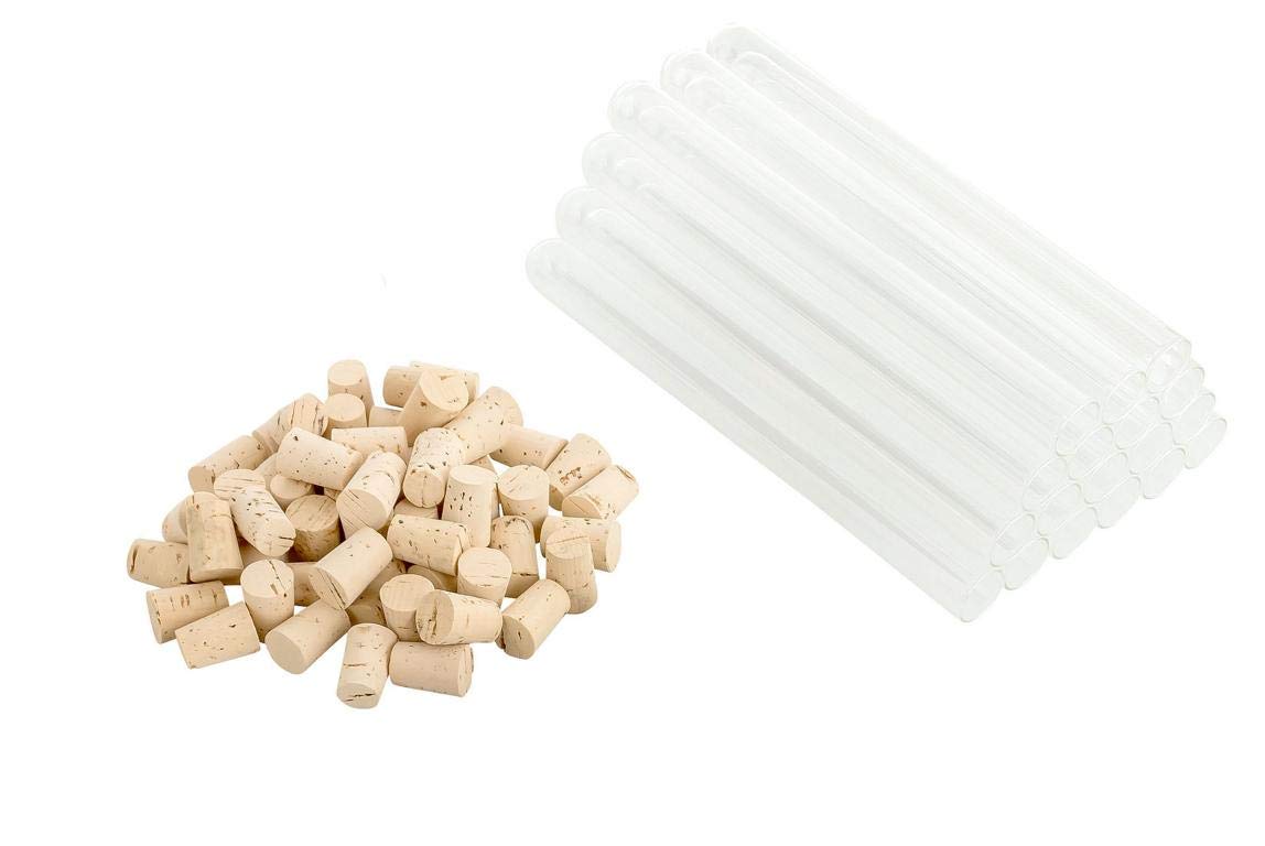 Reagenzgläser | Glasröhrchen | Laborglas | Reagenzglas für Laborbedarf, Medizintechnik und Chemie | mit Korken | Korkstopfen | Spitzkorken aus 100% Naturkork | 160 mm x 14 mm x 0,8 mm (100)