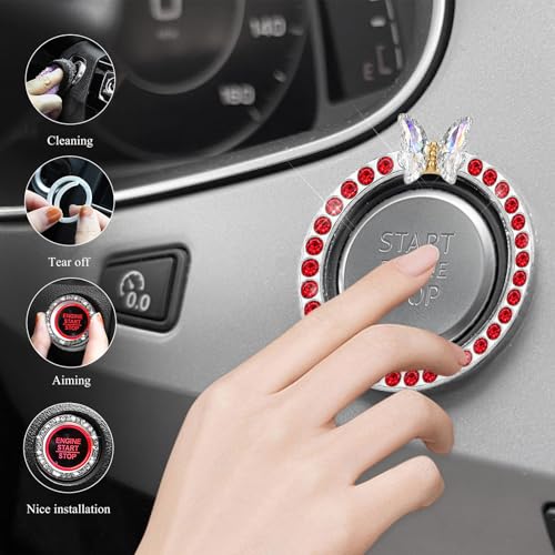 Image of DXNQ 2PCS Bling Ring Emblem, Sparkling Butterfly Car Buttons and Knobs Ring, Girly Butterfly Diamond Car Engine Start Button Cover, Key Ignition Knob Rings Decoration for Women (Red, Single Row)