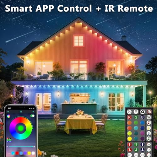 Image of 300FT /90M Permanent Outdoor RGB Lights, IP67 Waterproof Smart Eave Lighting, with App /Remote Control Eaves Light, DIY LED Scenes Modes for House Roof Decor,Party