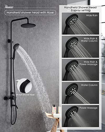 PHASAT Outdoor Shower Fixtures Matte Black,Lead-Free SUS 304 Stainless Steel Bathroom Faucet Set,Wall Mounted Exposed Shower System,3-Function,CT8323