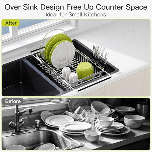 Image of JASIWAY Expandable Dish Drying Rack Over the Sink with Utensil Holder