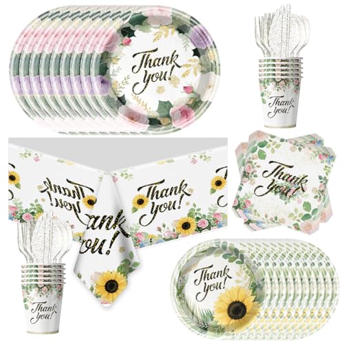81-Piece Floral & Sunflower Disposable Party Supplies Set - All-in-One Thank You Tableware for Baby Shower, Birthday & Bridal Shower