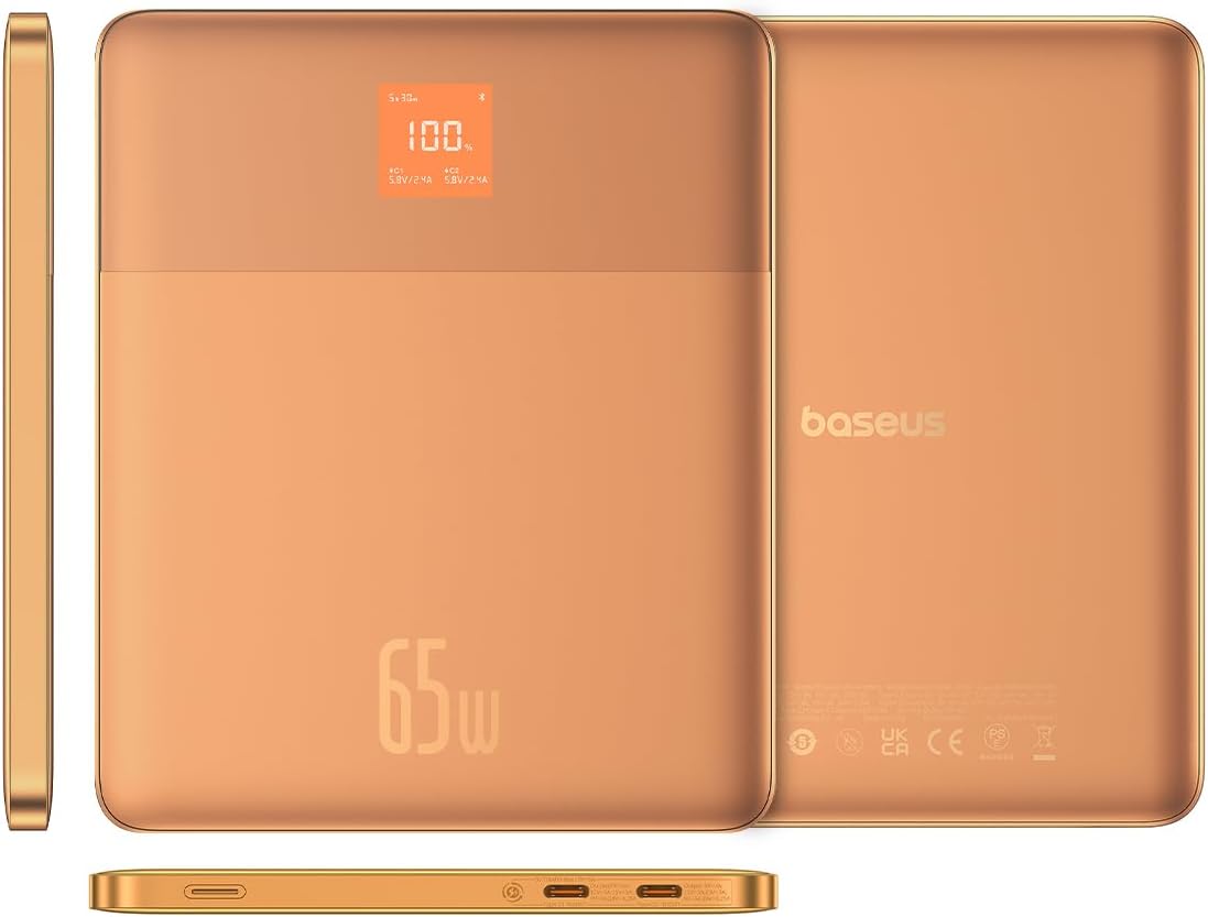 Baseus Blade2 PD 65W Power Bank, Fast Charging 12000mAh Portable Charger with Digital Display, Laptop Battery Bank for ROG Ally, Steam Deck, MacBook, iPad, iPhone, Samsung (Orange)