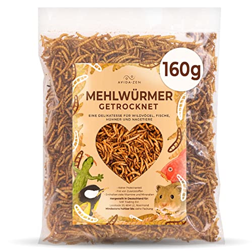 160g Mehlwürmer getrocknet, ideal als Wildvogelfutter und Igelfutter, 160g (entspricht 1 Liter!) getrocknete Mehlwürmer, nährstoffreicher Snack für Nager und Reptilien Cover