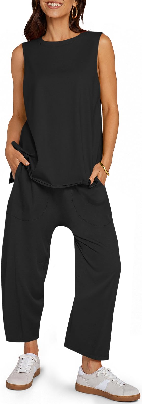 UEU Women's Summer 2 Piece Outfits Casual Sleeveless Crew Neck Tank Top Cropped Harem Pants Matching Travel Beach Lounge Sets