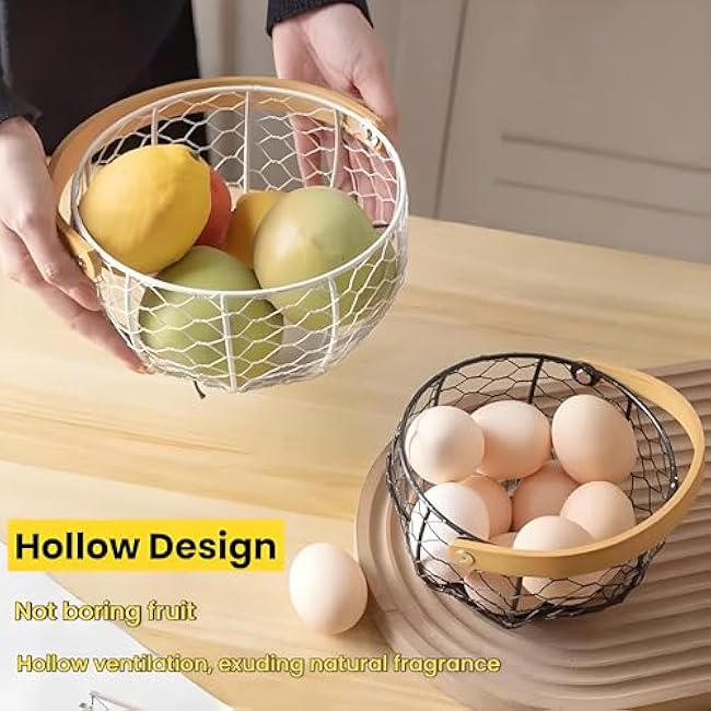 Stainless Steel Egg Basket with Rooster Lid - Non-Slip Base Oval Ventilated Wire Basket for Countertop, Multi-Purpose Fruit Vegetable Storage-Farmhouse Decor (Bamboo Handle)