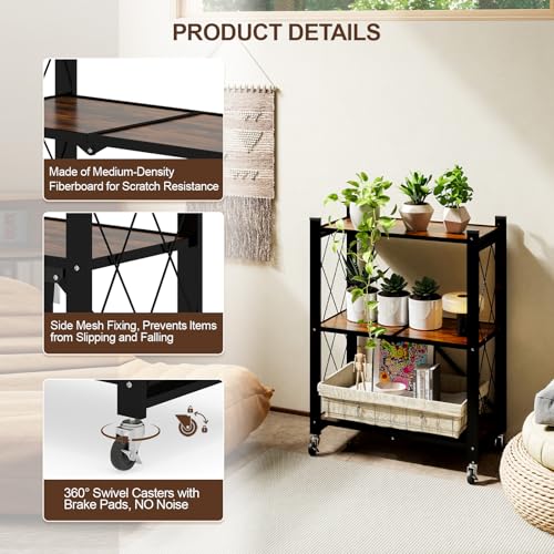 Image of 3 Tier Folding Shelf with Wheels, Wood and Metal Bookshelf | No Assembly Foldable Storage Shelves, Vintage Storage Rack for Living Room, Bedroom, and Home Office