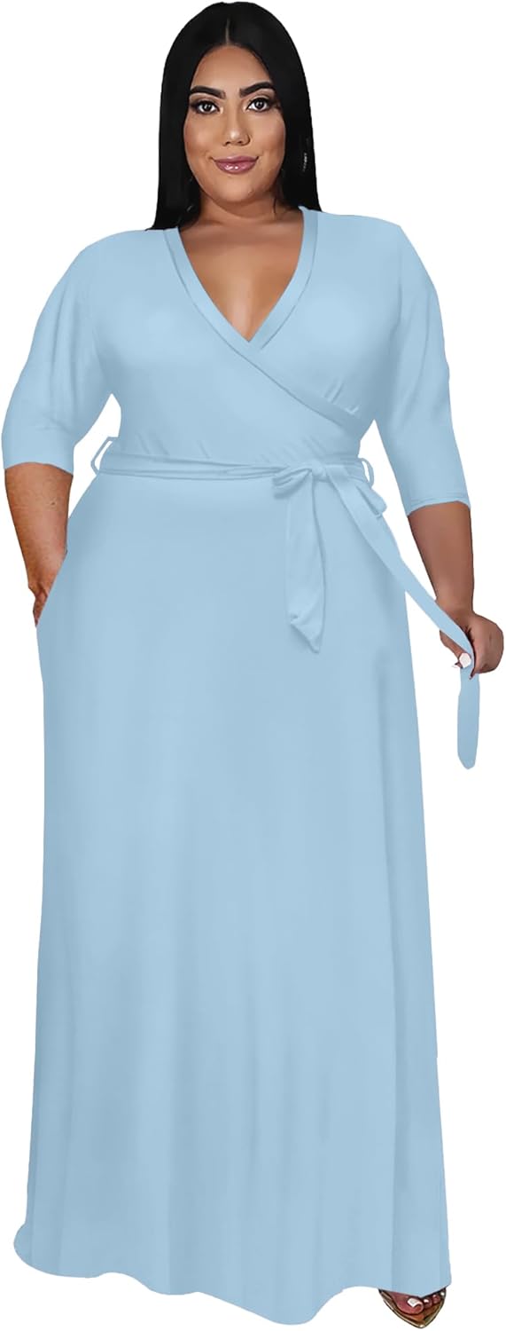 Nmoder Plus Size Maxi Dress for Women - Summer Casual 3/4 Sleeve Floral Flowy Long Dress with Belt XL- 6XL - Image 2