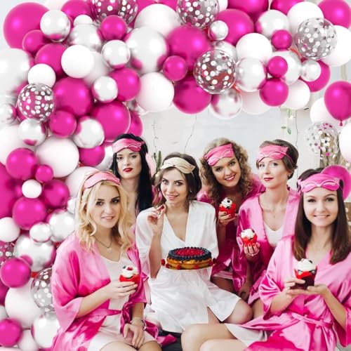 Image of Magenta Hot Pink Silver Balloons Garland Arch - Metallic Rose Red Silver White Balloon Fuchsia Pink Balloons for Weddings Anniversary Bachelorette Birthday Christmas Party Decorations