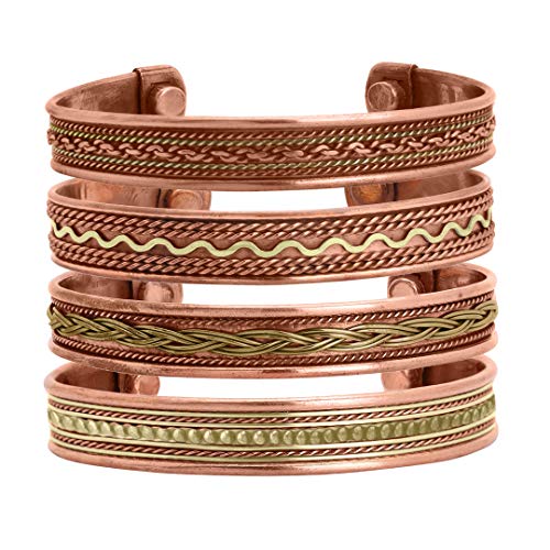 iCraftJewel Set of 4 Tibetan Copper Bracelets Magnetic India Pattern Women's Men's Spiritual Yoga