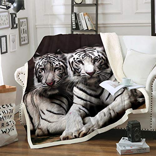 Erosebridal White Tiger Sherpa Blanket, 3D Animal Print Throw Blanket Baby Size for Kids Boys Girls Teens, Gray Black Stripe Plush Bed Blanket Warmth Luxury Fleece Throw for Child's Dorm Roo