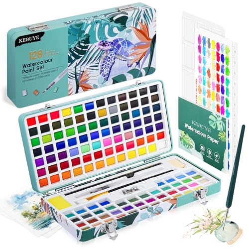 Kebuye Aquarellfarben Set 130 Farben in Tragbarer Box - Wasserfarben für Reisen Mit Zeichenstift, Pinsel und Stift für Künstler und Hobbyisten