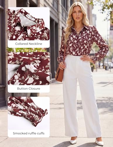 GRACE KARIN Women's Boho Floral Button Down Shirts, 2026 Fall Long Sleeve Blouses, Dressy Casual Fit Vacation Work Tops Reddish Brown S — view 4