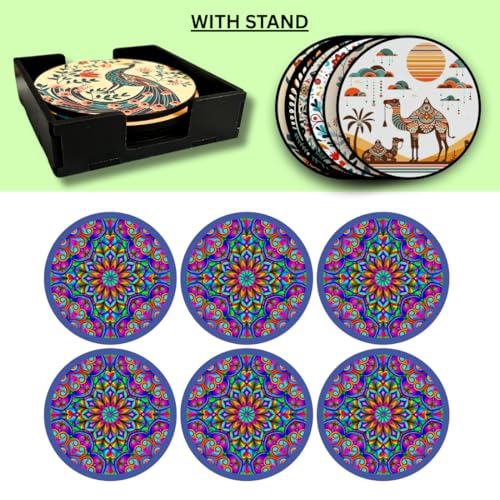 Image of Zesta Coasters for Cups Set of 6 / Wooden Coasters for Bar Accessories for Home /Tea Coaster Set of 6 / Waterproof Dining Table Decor Glass Cover (Mandala - Purple, Circle)