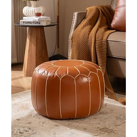 Unstuffed Handmade Moroccan Round Pouf Footstool Ottoman Faux Leather Tan or Brown Large Storage Bean Bag Footrest for Bohemian Living Room or Bedroom (Non-Embroidered, Round) Cover