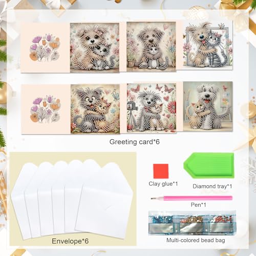 Image of 6 Pcs 5D Diamond Painting Greeting Cards Kits, Handmade Festival Greeting Cards with Envelopes DIY Diamond Art Crafts Birthday Cards Laser Effect for Birthdays Holidays Celebrations (Cat Dog Cuddling)