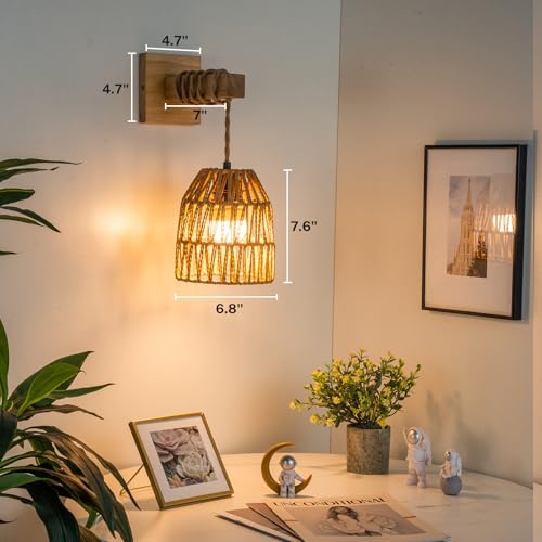 Image of Rattan Wall Sconces Battery Operated, Boho Wall Sconce, Battery Operated Wall Sconce Set of Two, Rechargeable Woven Lantern Wireless Wall Light /Lamp for Bedroom Home Decor