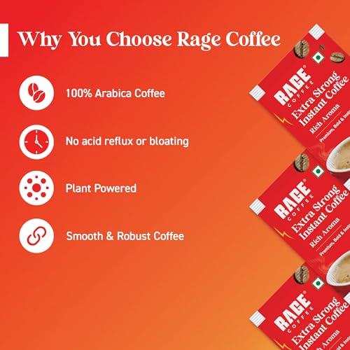 Image of RAGE COFFEE Extra Strong Premium Blend Coffee Powder|Pack Of 100|Premium, Bold & Instant|Instant Coffee & Chicory- 100% Arabica Beans For Hot & Cold Coffee|0.27 Kilograms|Sachets