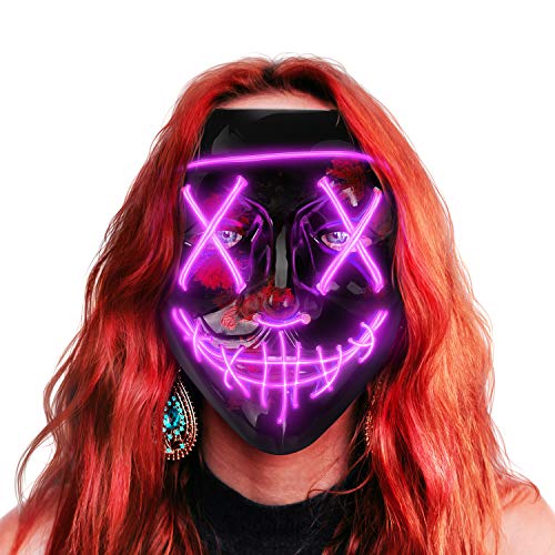 AnanBrosu00a0Mascara LED Halloween, la Purga Mascara LED, Halloween Purge Mask 3 Modos de Iluminación, Brilla en la Oscuridad Mascara la Purga LED para Fiestas de Disfraces Cosplay Carnaval - Morado